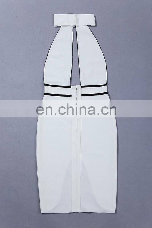 Amigo 2017 new designer white and black halter dew chest midi sexy high slit bandage dress evening dresses for women club wear