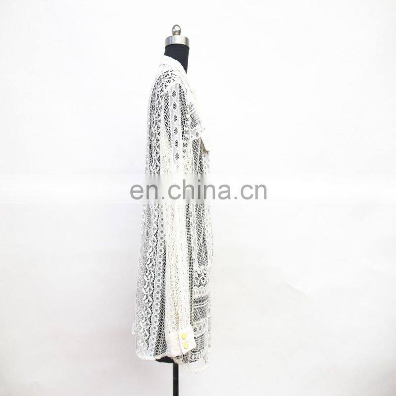 hot exquisite long sleeve button down with fake pocket customerized lace blouse