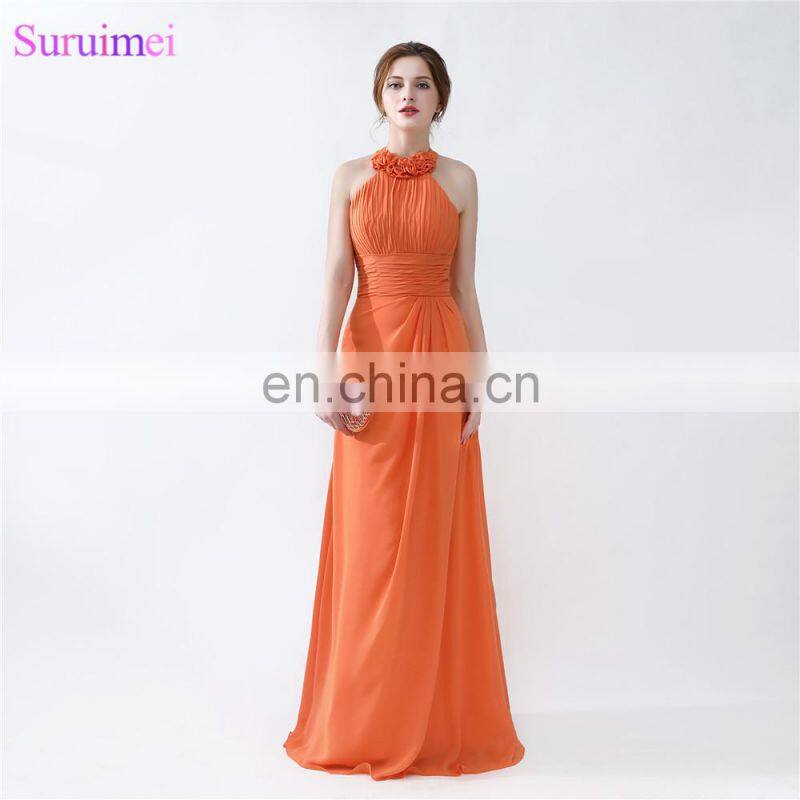 Orange Bridesmaid Dresses Floor Length Pleated Peach Color Chiffon On Sale Halter Bridesmaid Dresses