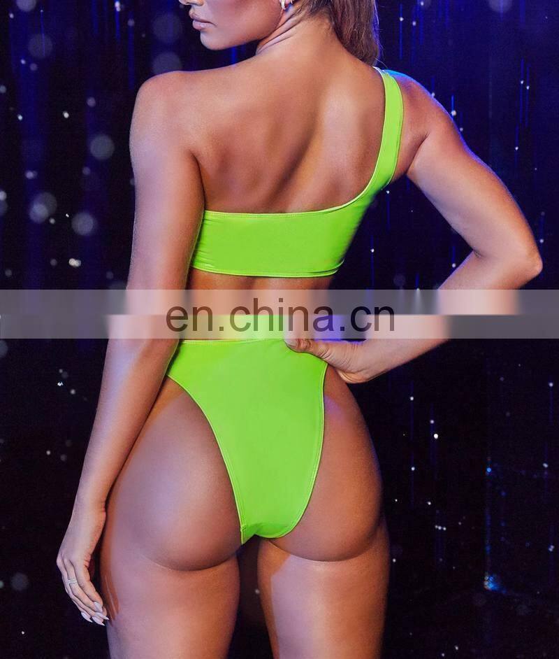 One Shoulder Bikini Shiny PU Leather Swimsuit Women Neon Swimwear Brazilian Biquini High Cut Sexy Bathing Suit Bikini Women