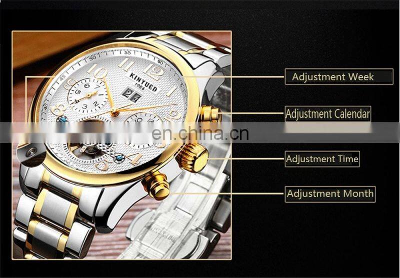 KINYUED J013 New Sporty Men Gold Watch Mechanical Men's Hand Watch Stainless Steel Auto Day Watch