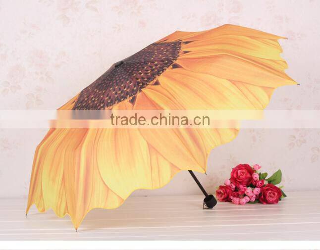 Unique design manual open 3 fold sunflower umbrella