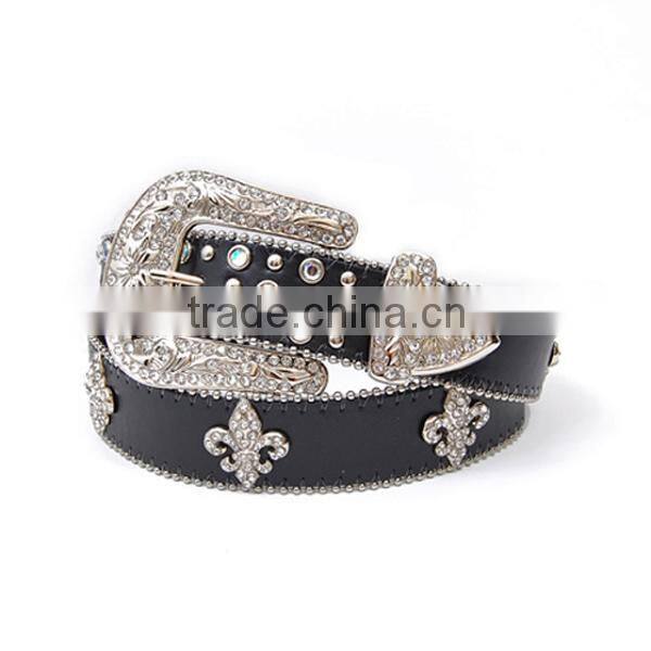 Rhinestone Fleur De Lis Accent Fashion Leather Belt