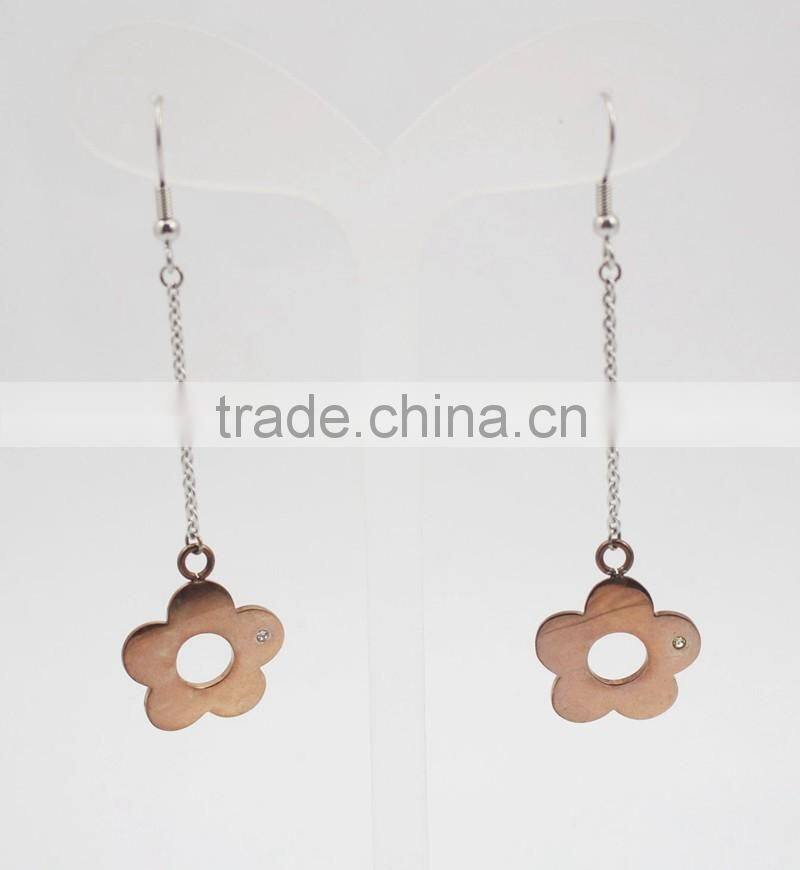 Two Tone Simple Long Stainless Steel Flower Drop Earring