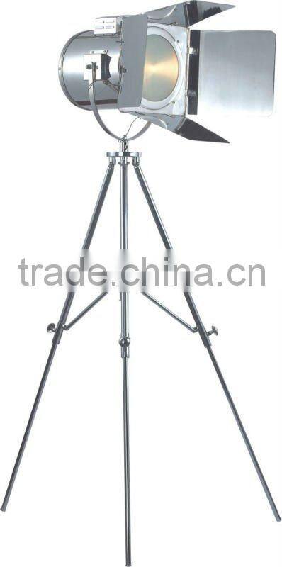 Black marine floor lamp with stainless steel shade and beech wood base