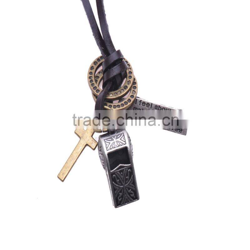 Vintage Genuine Leather Necklace with Antique Sliver Whistle Pendant.
