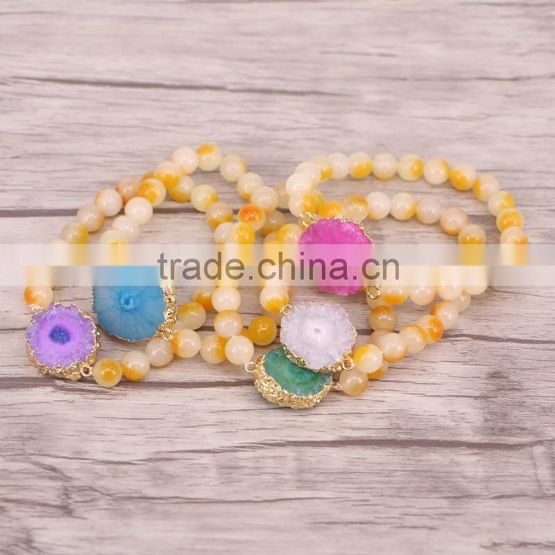 Yellow White Marble Stone Round Beads with Gold Plated Sun Flower Agate Quartz Stone Connector Druzy Bracelet