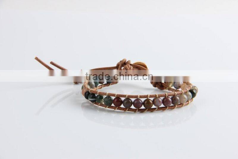 6mm natural indian agate women leather bracelet, new fashion bracelet, natural stone bead bracelet