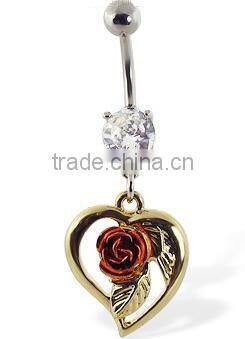 belly button navel ring with dangling yellow heart and pink rose,belly ring,316L jewelry,body jewelry