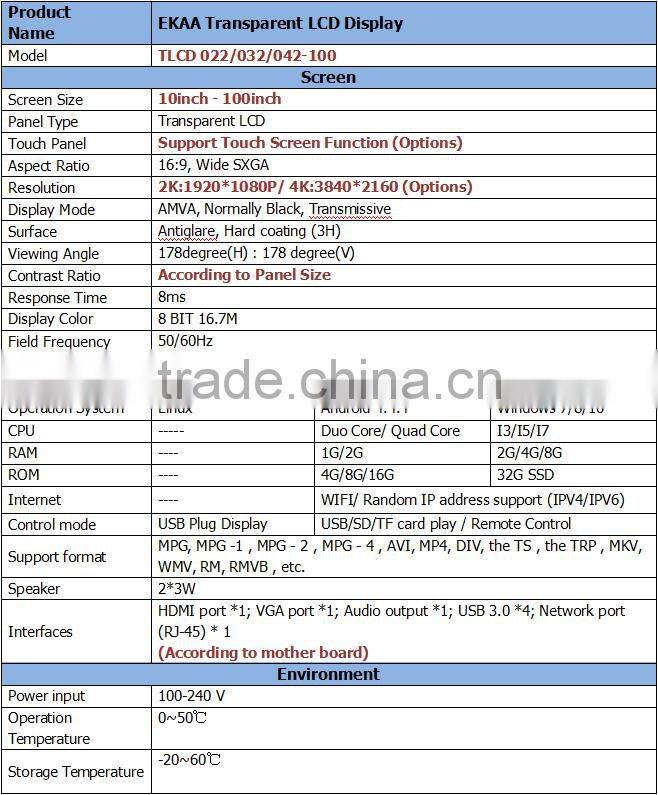 EKAA 10inch Android system transparent lcd showcase display