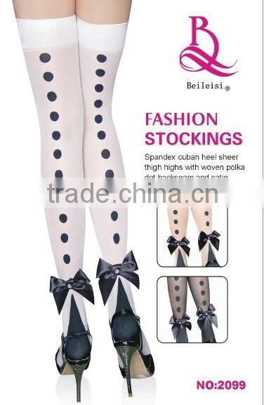 Spandex Sheer Black Stockings With Opaque Strips And Satin Bow