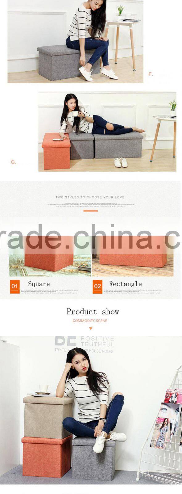 Orange Linen Rectangle Folding Seat Foot Stool Storage Box