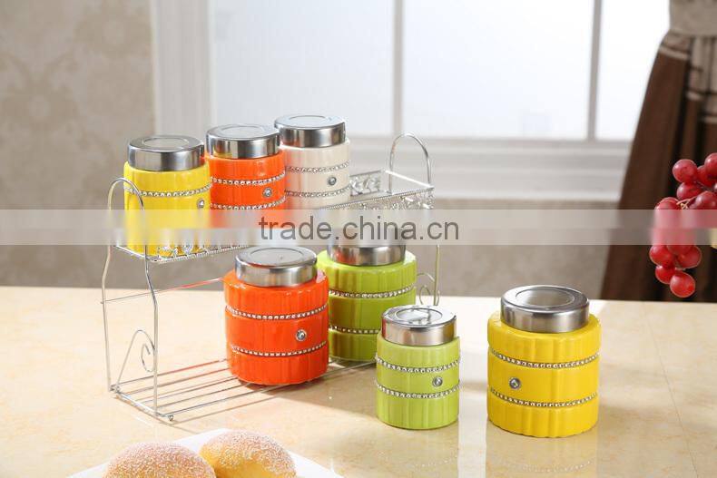 kitchenware useful ceramic canister set with stainless metal stand