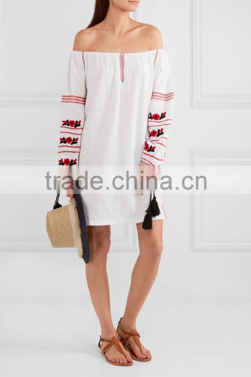 Latest Boho Clothing Mexican Off-The-Shoulder Embroidered Cotton Mini Dress Design For Ladies Machine Embroidery HSD5855