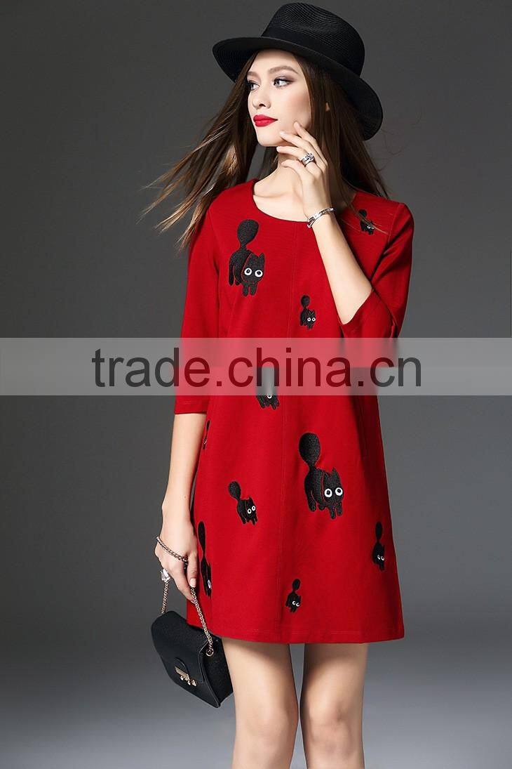 New fashion pocket three-quarter sleeve red color roma fabric embroidery beautiful lady one-piece dress