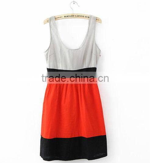 Fashion girl dress of Tri-color stitching sleeveless