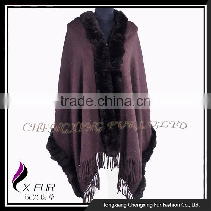 CX-B-P-48D Fashion Indian Cashmere Pashmere With Rex Rabbit Fur Shawls Hand Made