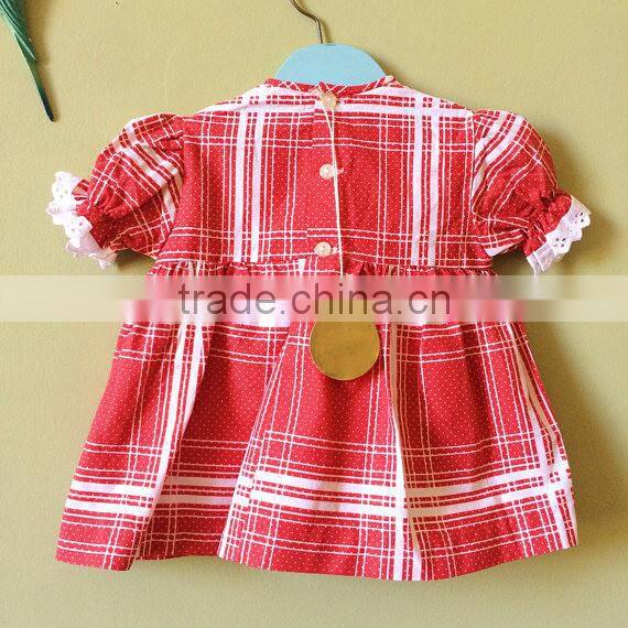 Hot sale lovely kids cotton clothes red plaid lace trim latest designs photos 2 year old baby girl dress