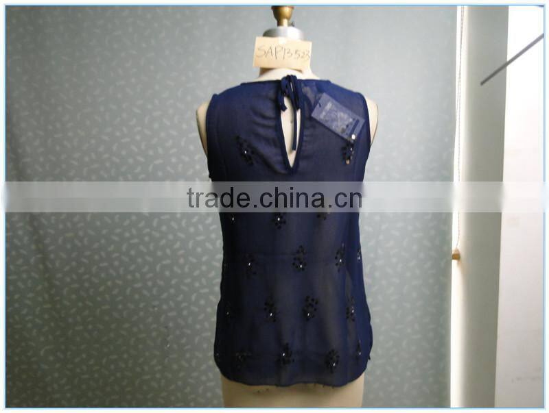 Round Neck Navy Chiffon Summer Loose Tank Top