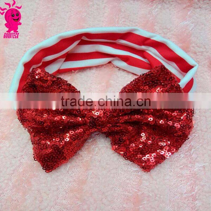 Retail Big sequin Bow with Stripe Headbands kids Turban Headwrap for Girl Big Bow Top Knot Headband