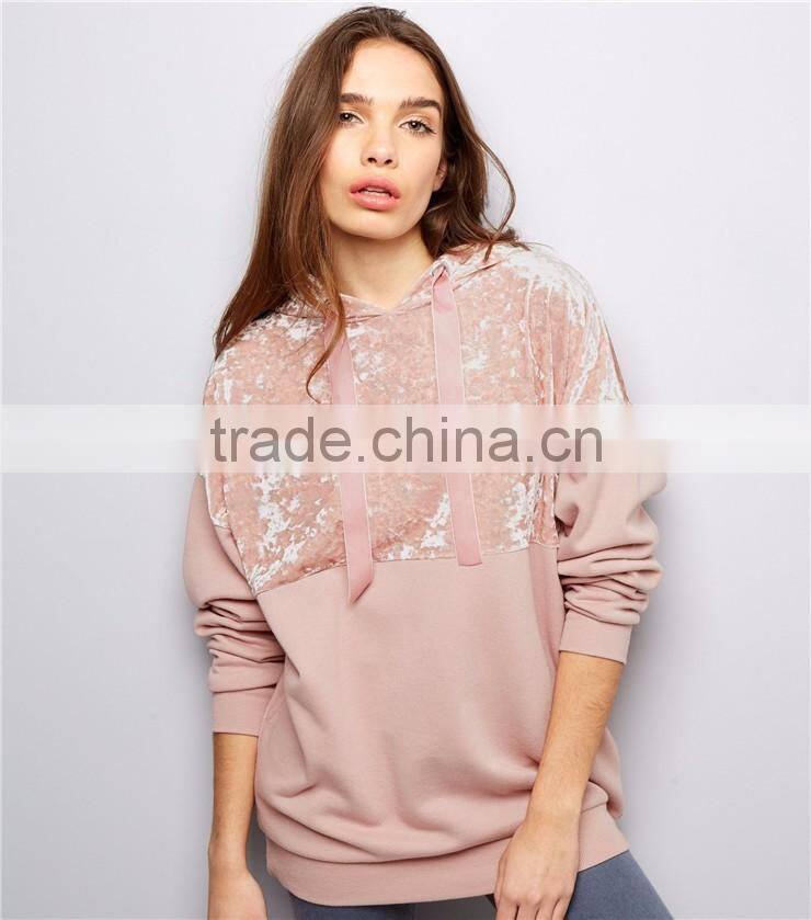 Women Oversized Loose Pockets Sides Crushed Velvet Panel Yoke Hoodie Pink Drop Shoulder Cotton Pullover