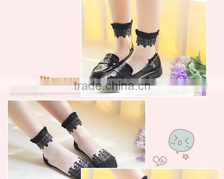 Hot sales Colorful Ultrathin Transparent Beautiful Crystal Lace Elastic Short Women Socks Calcetines Pink Sock for Womens meias