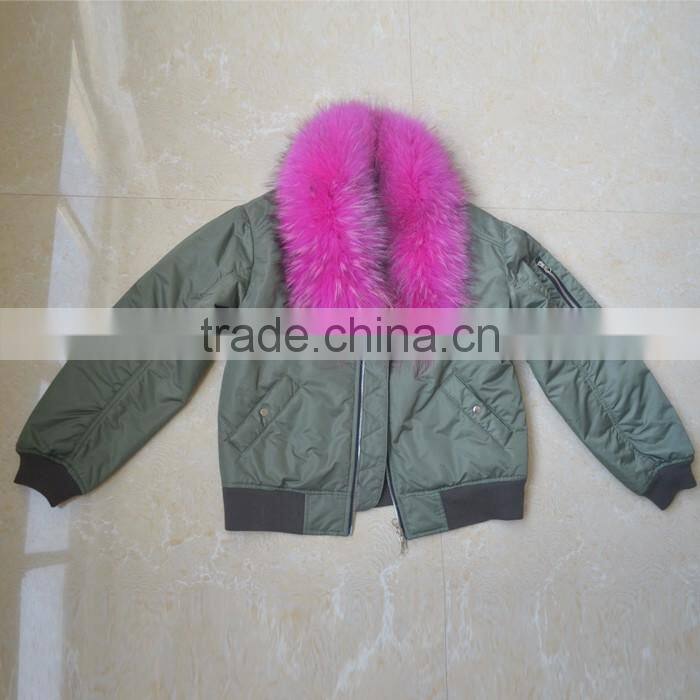 Myfur Customized Polyester MA1 Bomber Jacket with Detachable Dyed Raccoon Fur Collar for Women