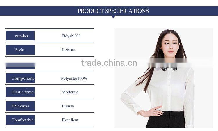 2015 Sweet Ladies White Chiffon Embroidery Women Shirts Design