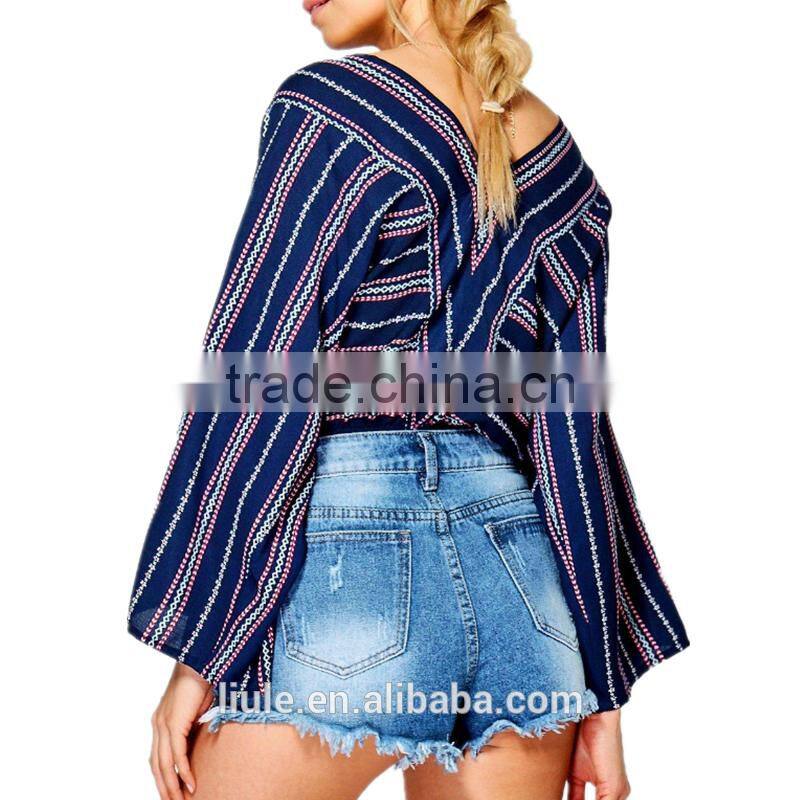 New fashion tassel trim lace up printed blouse women latest blouse