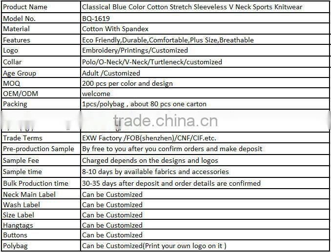 Classical Blue Color Cotton Stretch Sleeveless V Neck Sports Knitwear