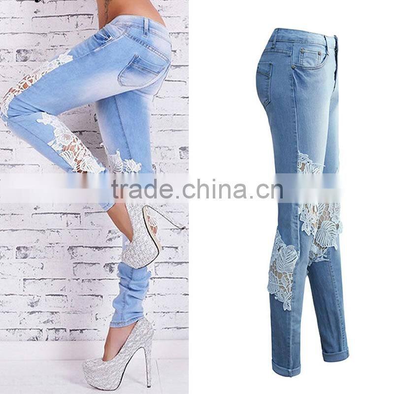 jeans 2017 latest design with Lace patchwork women jeans pants