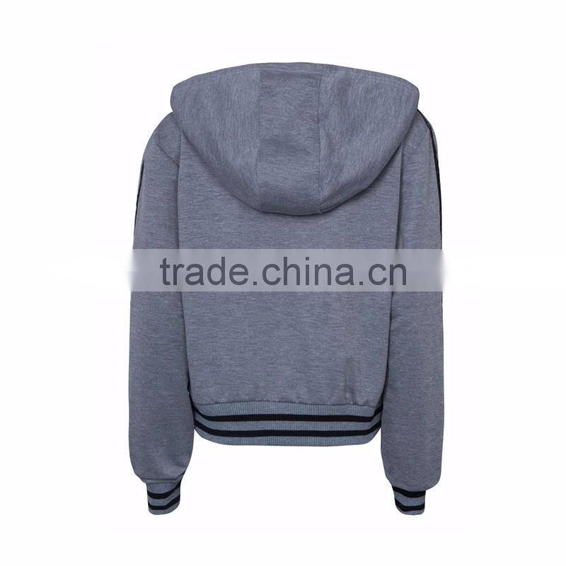 2017 Fashion Gray Lace Up Front Stripe Trims Hoodie for Ladies