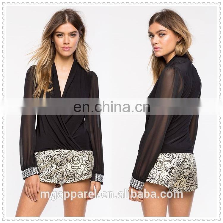 OEM cheap fashion sexy long sleeves black women chiffon blouse 2015