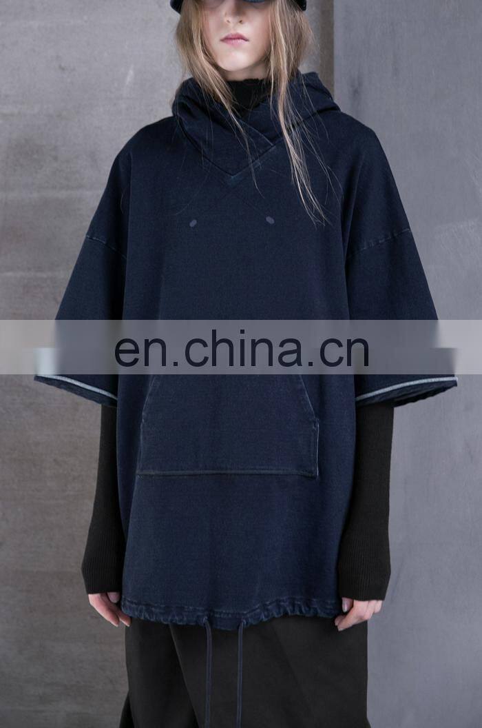 2017 Winter Women Loose Casual Drop Shoulder Indigo Blue Pullover Hoodie With Front Pocket