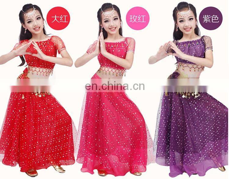 ET-128 Newest arrival multi-color indian Children performance belly dance costume including top and skirt and velvet scarf suit