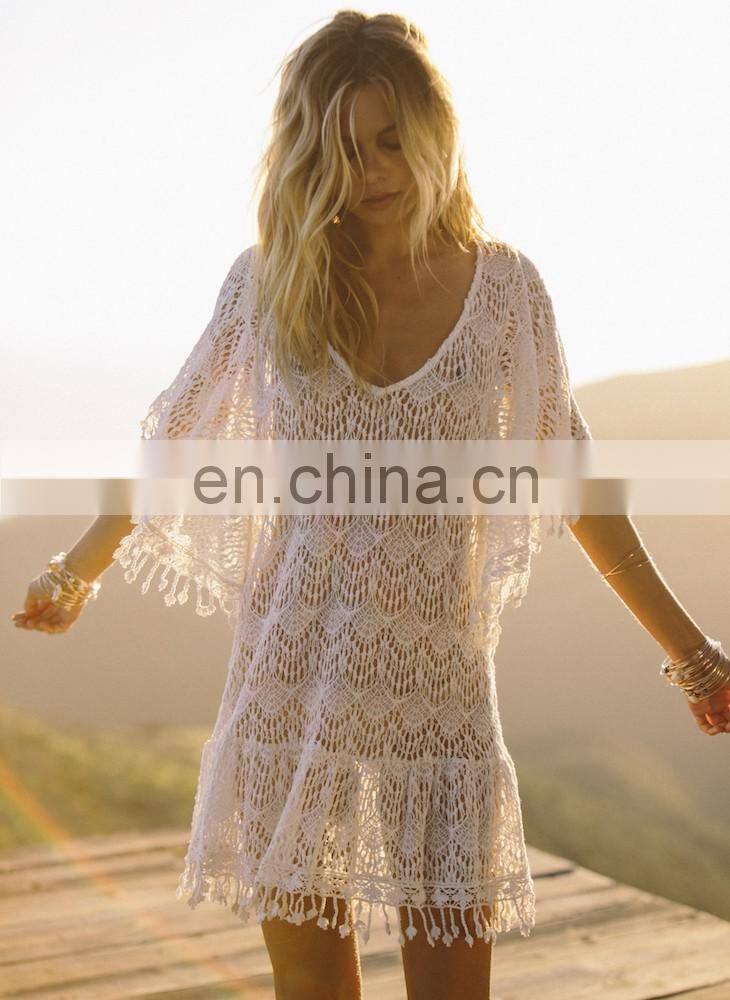 Lace Beach Cover up Tassel Bathing suit cover ups Vestido playa crochet Saida de Praia Cover up Kaftan bikinis shirt swimsuit