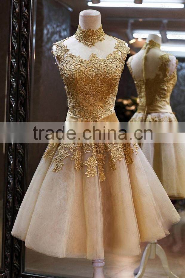 2014 Sweet A-Line High Neck Sleeveless with Appliques Party Dress