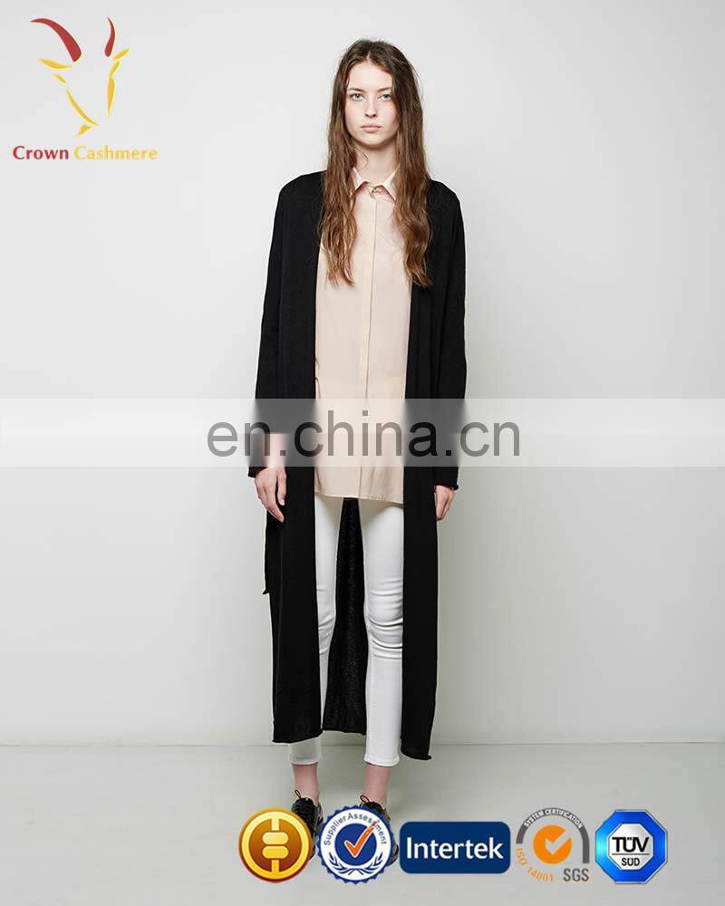 Ladies Long Coat Style Cashmere Cardigan with Belt Women
