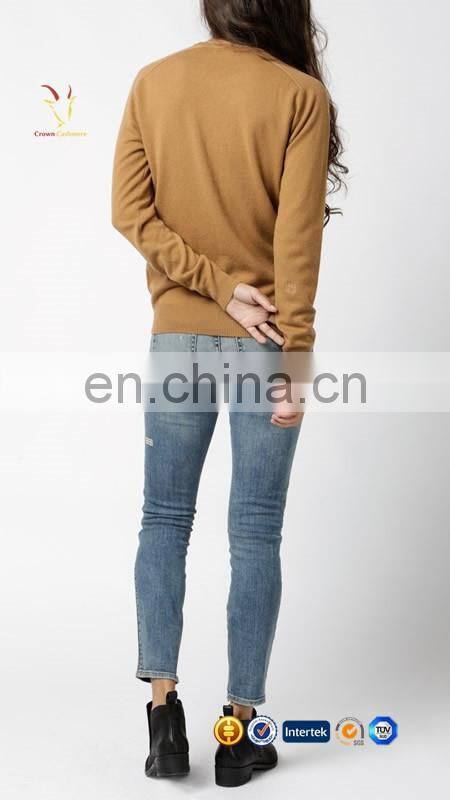Fashionable long sleeve crew neck cashmere pullover sweater for ladies