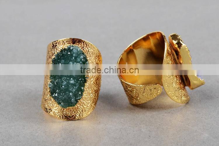 Golden hammered wide druzy ring cocktail ring adjustable band gemstone ring with stone