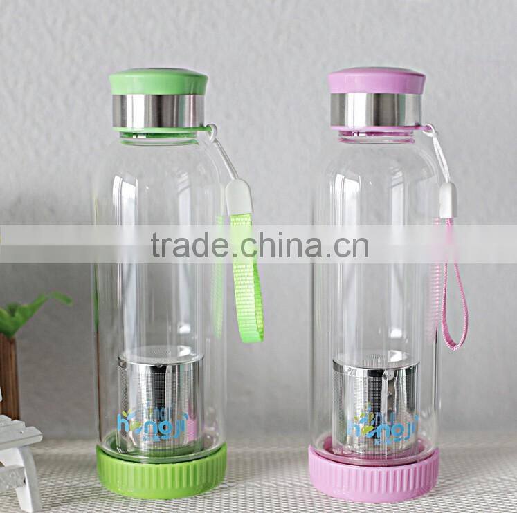 500ml car sport outdoor Portable Sports High Borosilicate Tea Filter Glass Water Bottle with Tea Infuser 2015