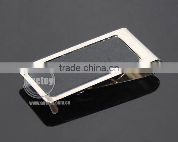 Men Style Fashion Stainless Steel Metal Black Genuine Leather Money Clip