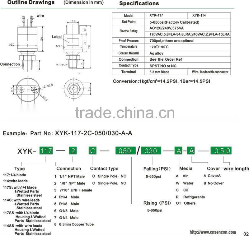 XYK-117 XYK-114 Pressure switch ,WATER ,OIL 5-500PSI