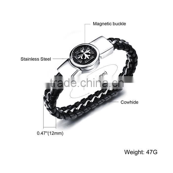 magnetic buckle stainless steel leather chain bracelet