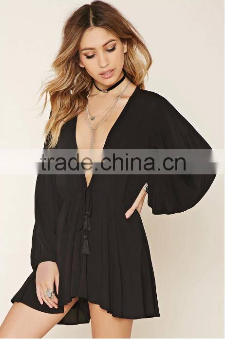 Woven Fabric Black Tassel V-Cut Romper Women