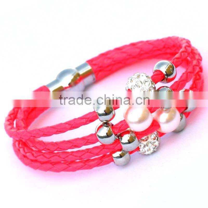 Lady PU Leather Cuff Wrap Wristband Magnetic Buckle Bracelet with Sliding Beads