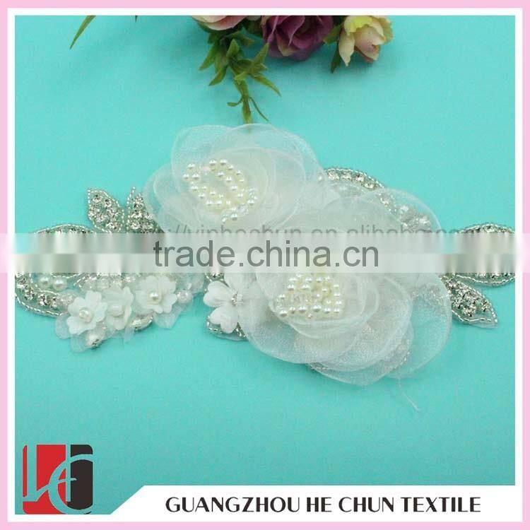 HC-2104 Crystal Bead Applique for Headband ,Lace Flower Pearl Applique with Hot Fix Rhinestones in Bulk