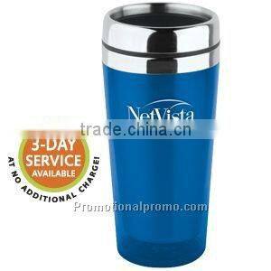 Double wall plastic travel mug with inserted colorful paper