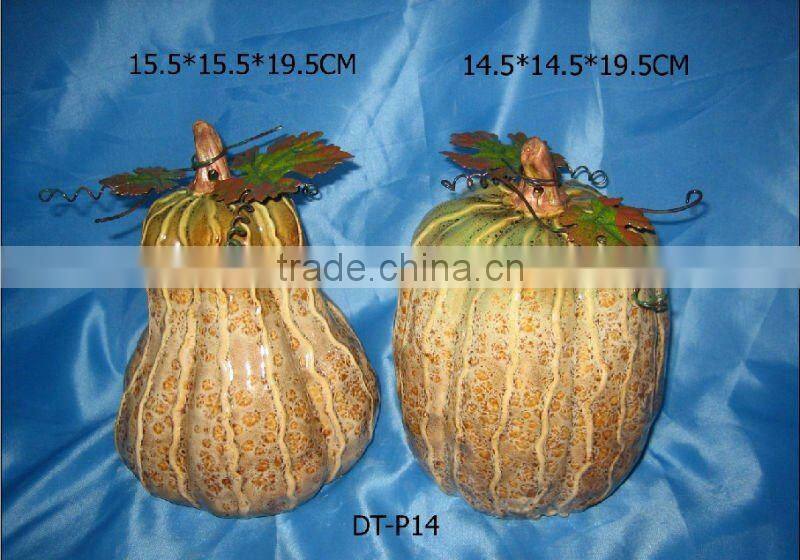 Harvest decoration pumpkin with metal leaves