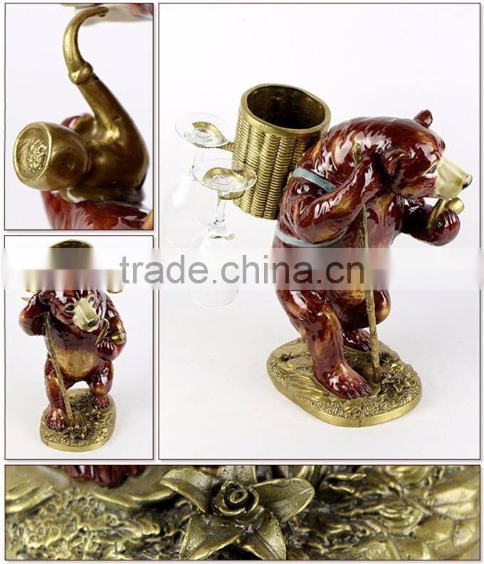Lovely Ceramic Bear Carring Bronze Basket Decorative Wine Bottle & Glasses Holder, Imitated Porcelain Bear With Brass Wine Rack